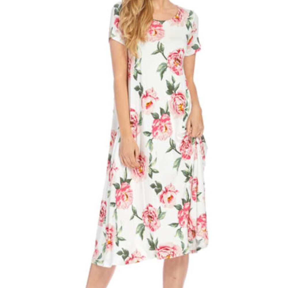 Short Sleeves Floral Midi Dress with pockets